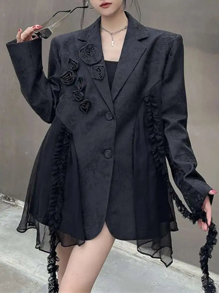 Women’s Black Plus Size Chiffon Spliced 3D Flower Lapel Blazer
