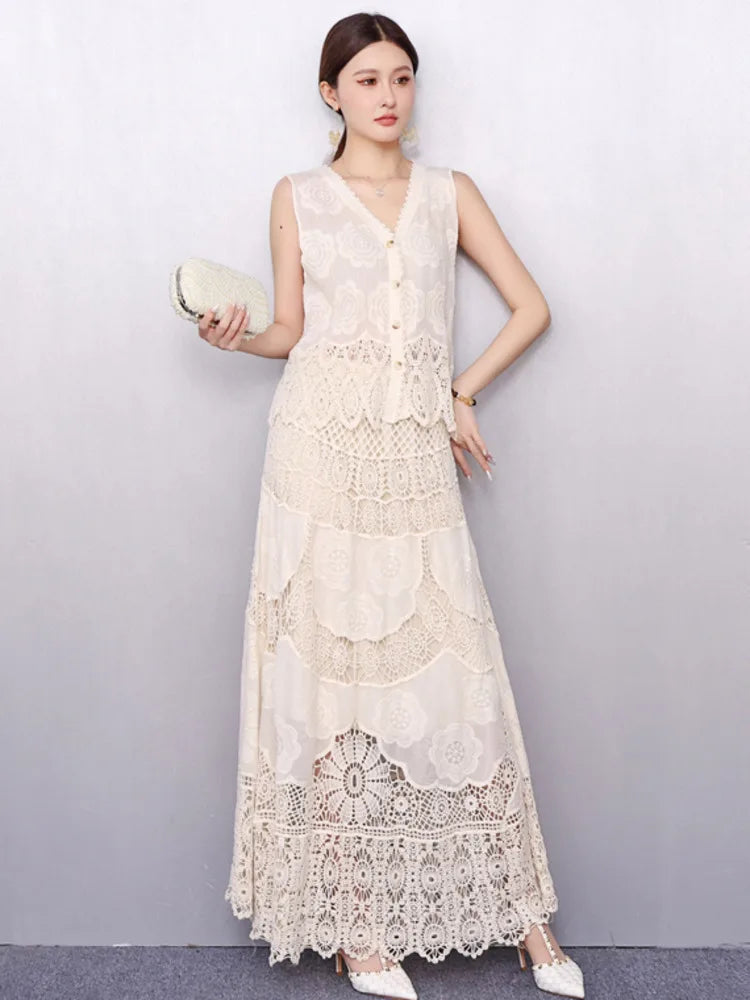 New Elegant V-Neck Lace Embroidery Single Shirt and Skirt Summer Outfit Set