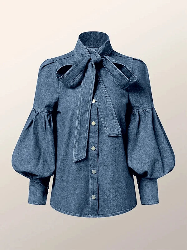 New Trendy Imitation Denim Blouse Puff Sleeves & Bow Neck for Women