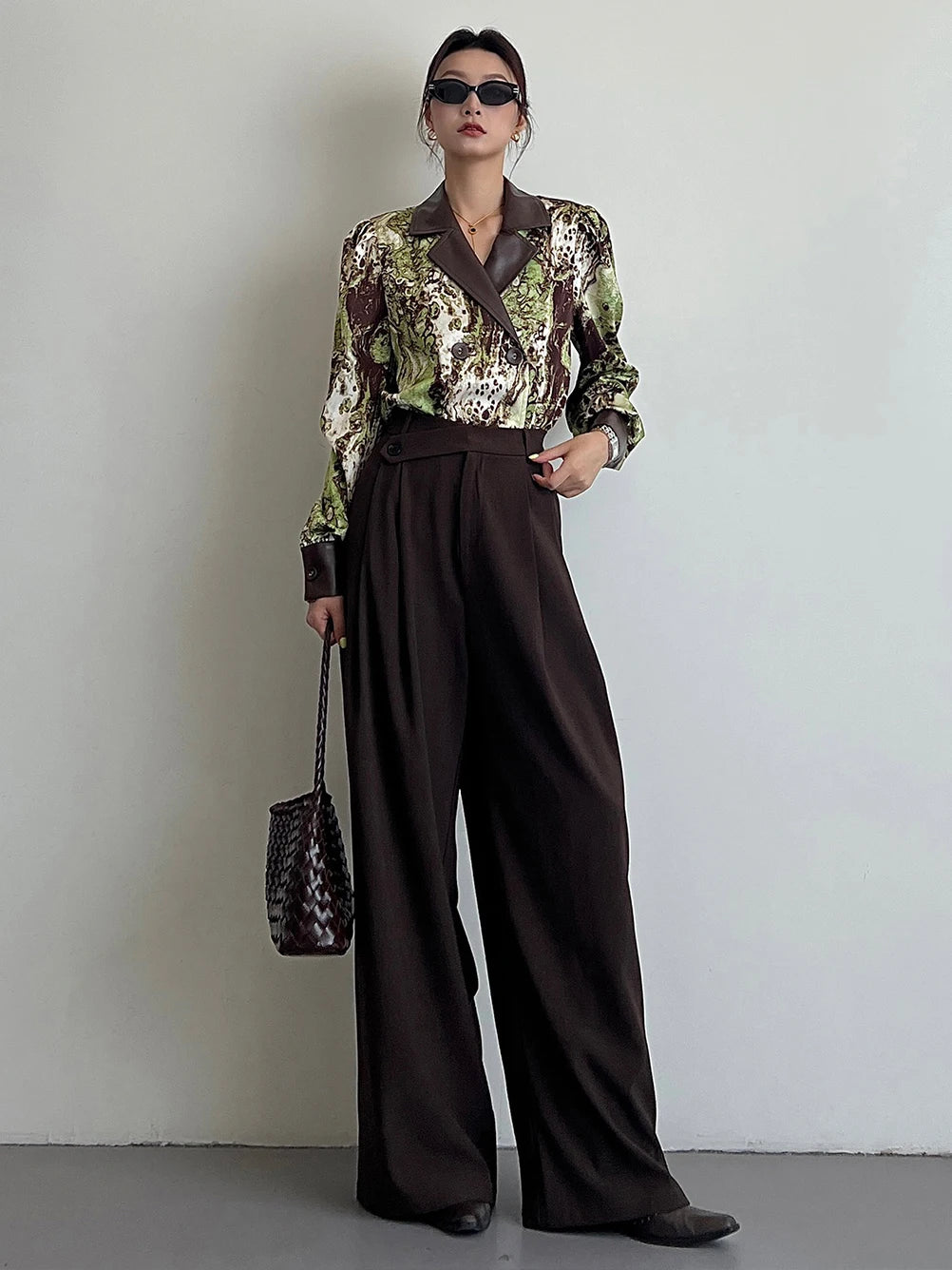 Women's Vintage PU Leather Spliced Blouse Autumn 2025 Fashion