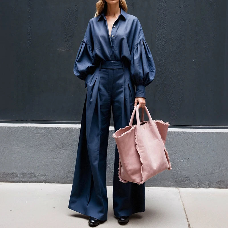 Elegant Lapel Lantern Sleeve 2-Piece Suit Set