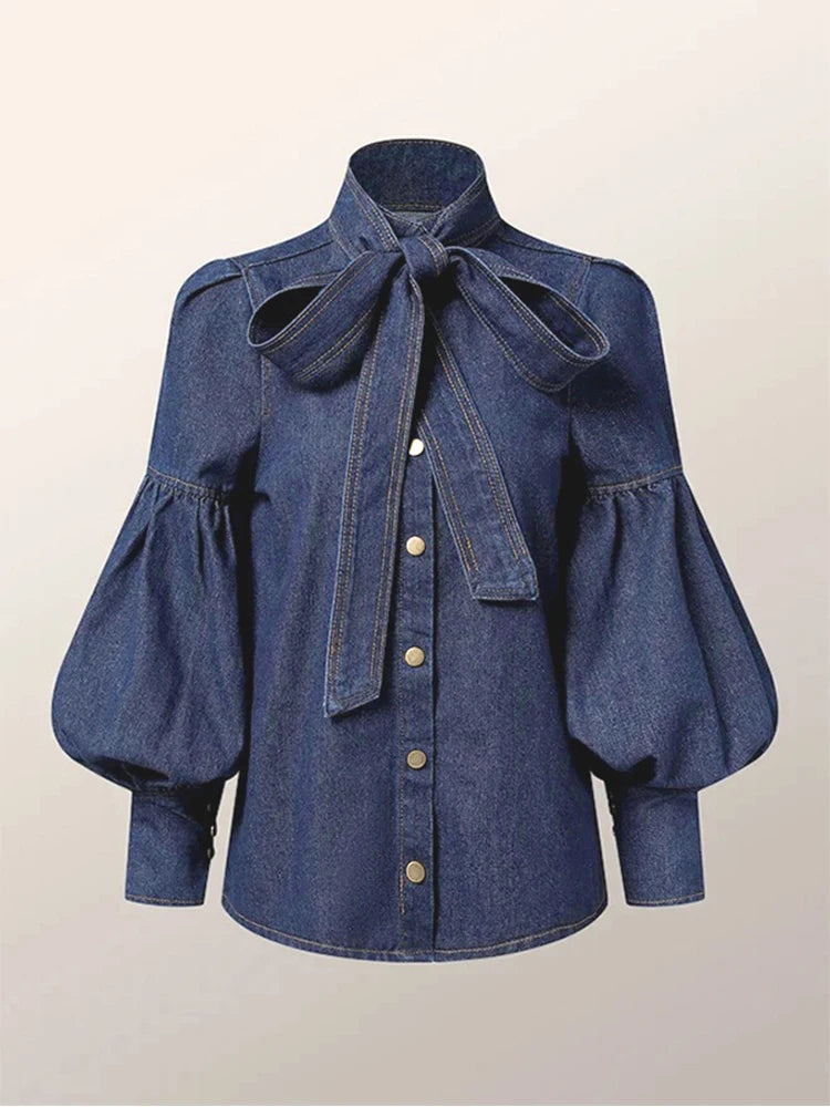 New Trendy Imitation Denim Blouse Puff Sleeves & Bow Neck for Women