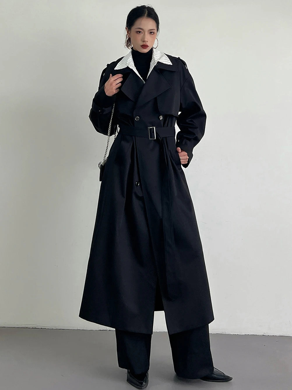 Women's Black Plus Size Long Trench Coat Autumn 2025