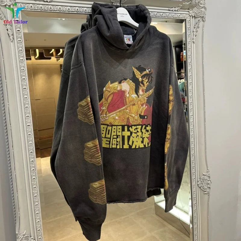 Latest 25SS Saint Classic Print Anime Washed Hoodie Hooded Sweatshirt