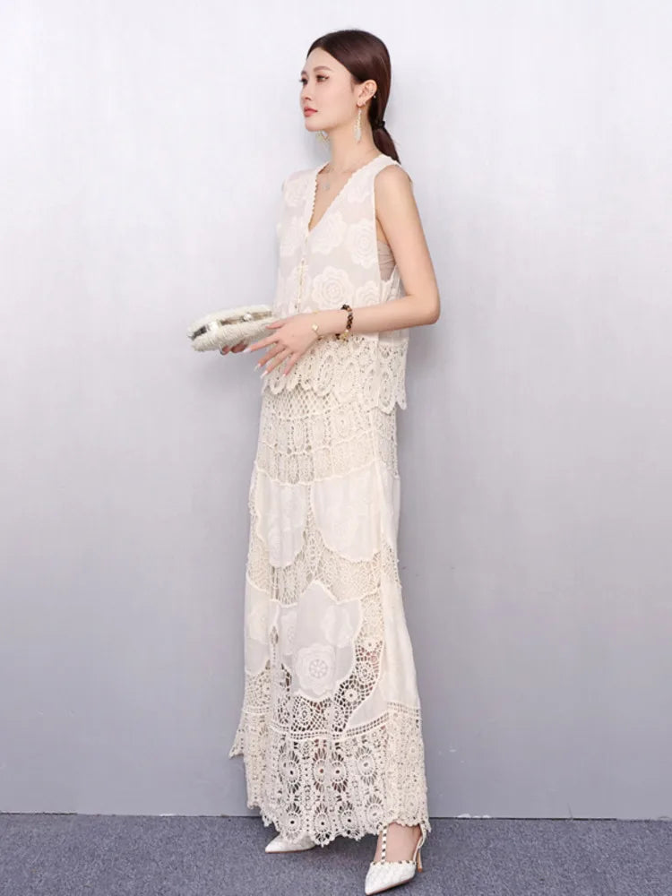 New Elegant V-Neck Lace Embroidery Single Shirt and Skirt Summer Outfit Set
