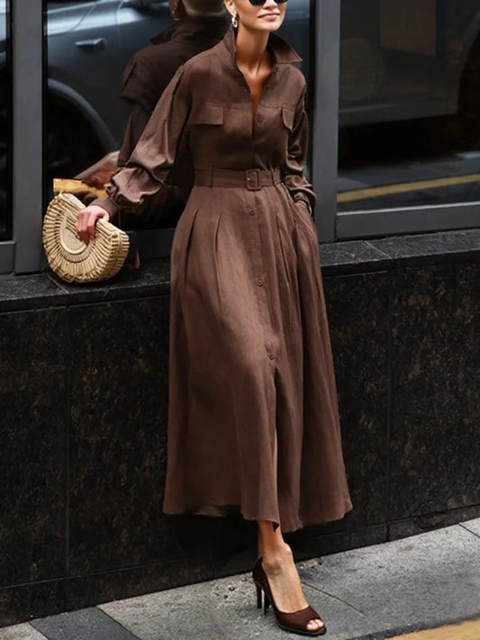 Long Sleeve Lapel Shirt Dress Pleated Belt Maxi Dress Fall 2025