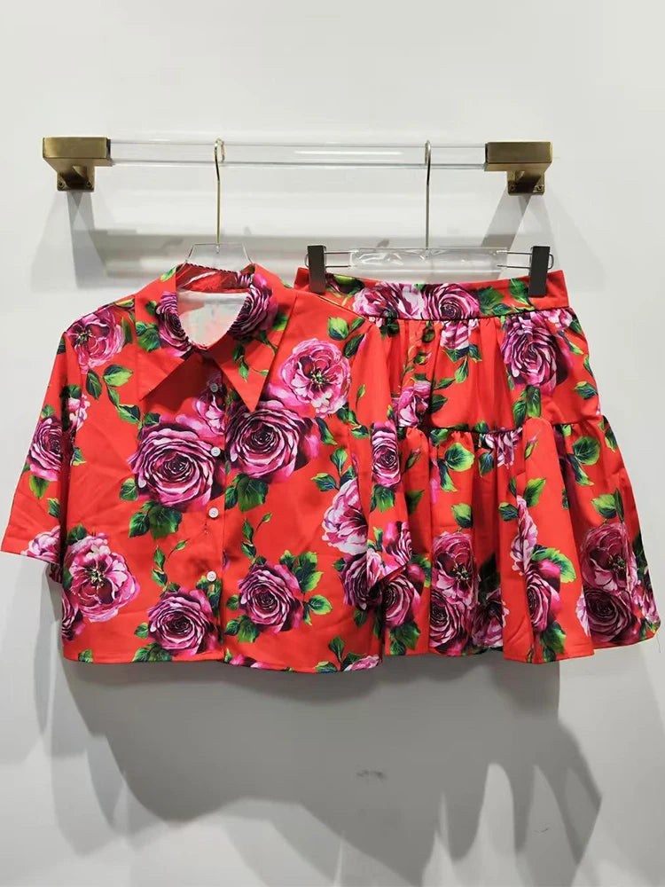 Retro Floral Two-Piece print single-breasted short-sleeved Joker Set