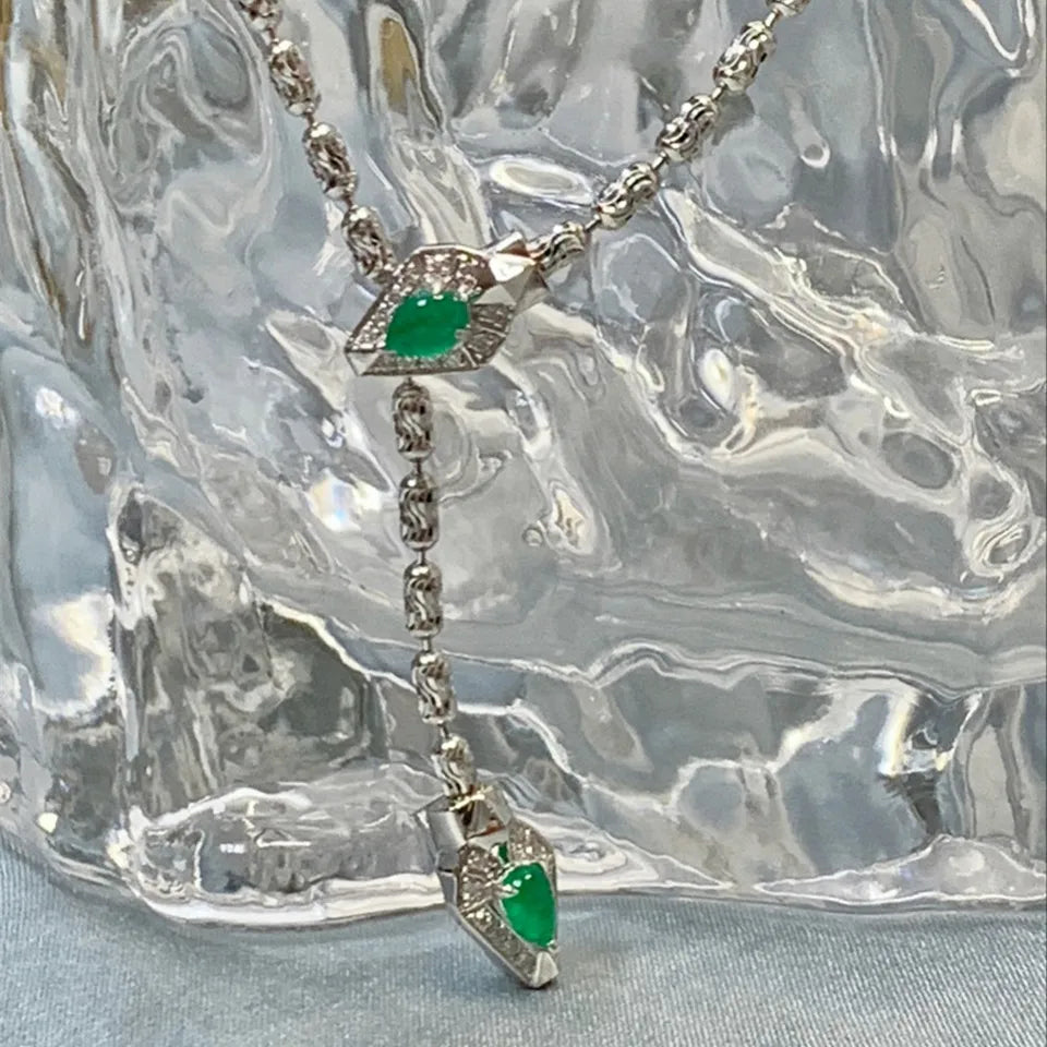 Shelly Real 18K White Gold Snake Necklace w/ Diamonds & Emeralds | AU750