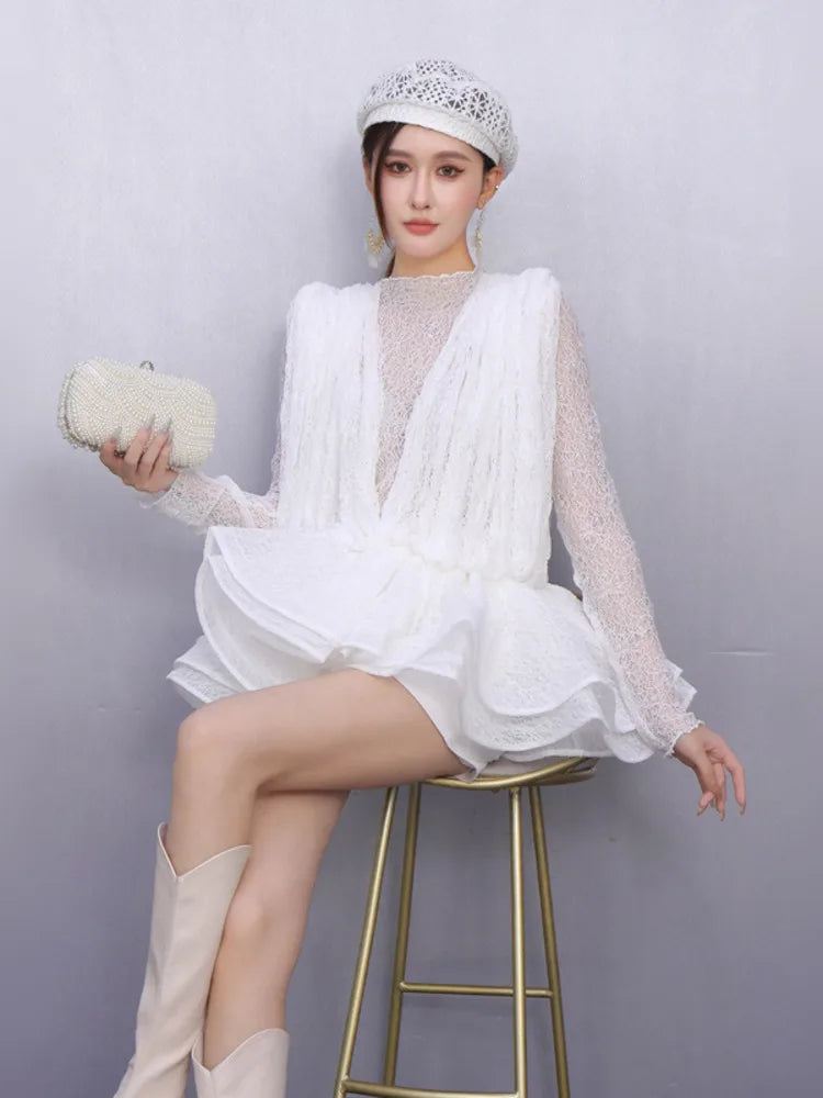 2025 Autumn New Women's Set Loose 3D Lace Hem Top Two Piece Fashion Elegant