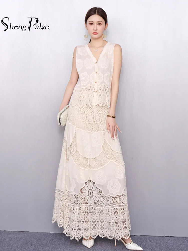 New Elegant V-Neck Lace Embroidery Single Shirt and Skirt Summer Outfit Set