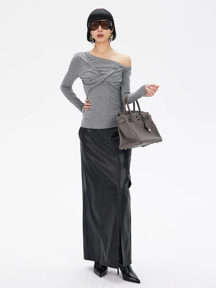 High Waist Black PU Leather Hollow-Out Back Slit Elegant Pencil Skirt New 2025