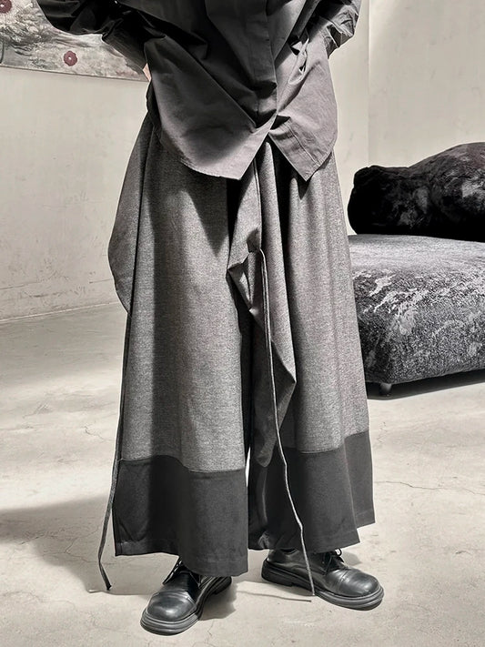 High Elastic Waist Dark Gray Irregular Bandage Wide Leg Pants Autumn 2025