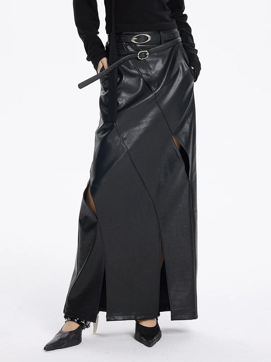 High Waist Black PU Leather Hollow-Out Back Slit Elegant Pencil Skirt New 2025