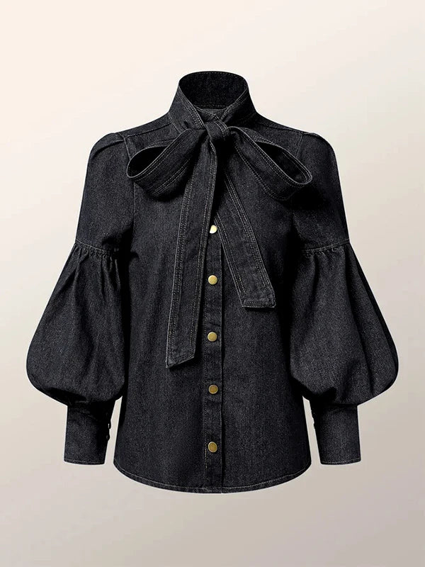 New Trendy Imitation Denim Blouse Puff Sleeves & Bow Neck for Women