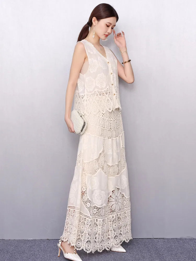 New Elegant V-Neck Lace Embroidery Single Shirt and Skirt Summer Outfit Set