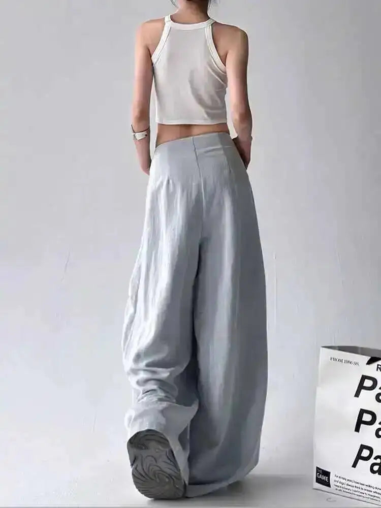 Blue Lace Spliced False 2-Piece High Waist Wide Leg Pants 2025
