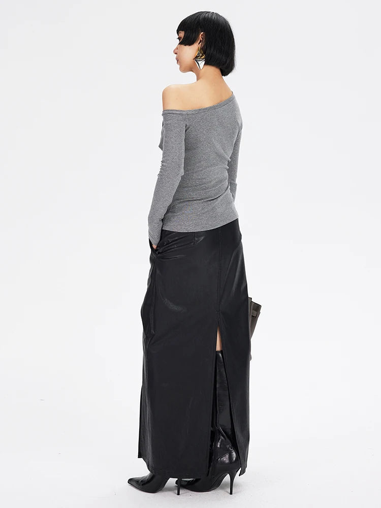 High Waist Black PU Leather Hollow-Out Back Slit Elegant Pencil Skirt New 2025