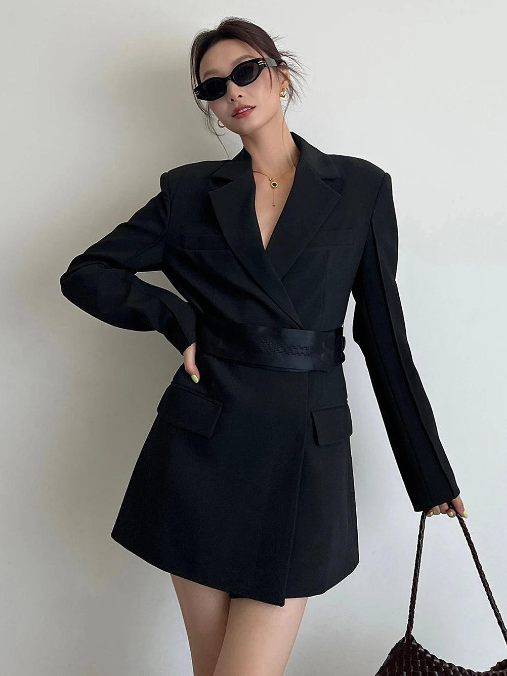 Women's Khaki Lace-Up Waist Elegant Suit Dress