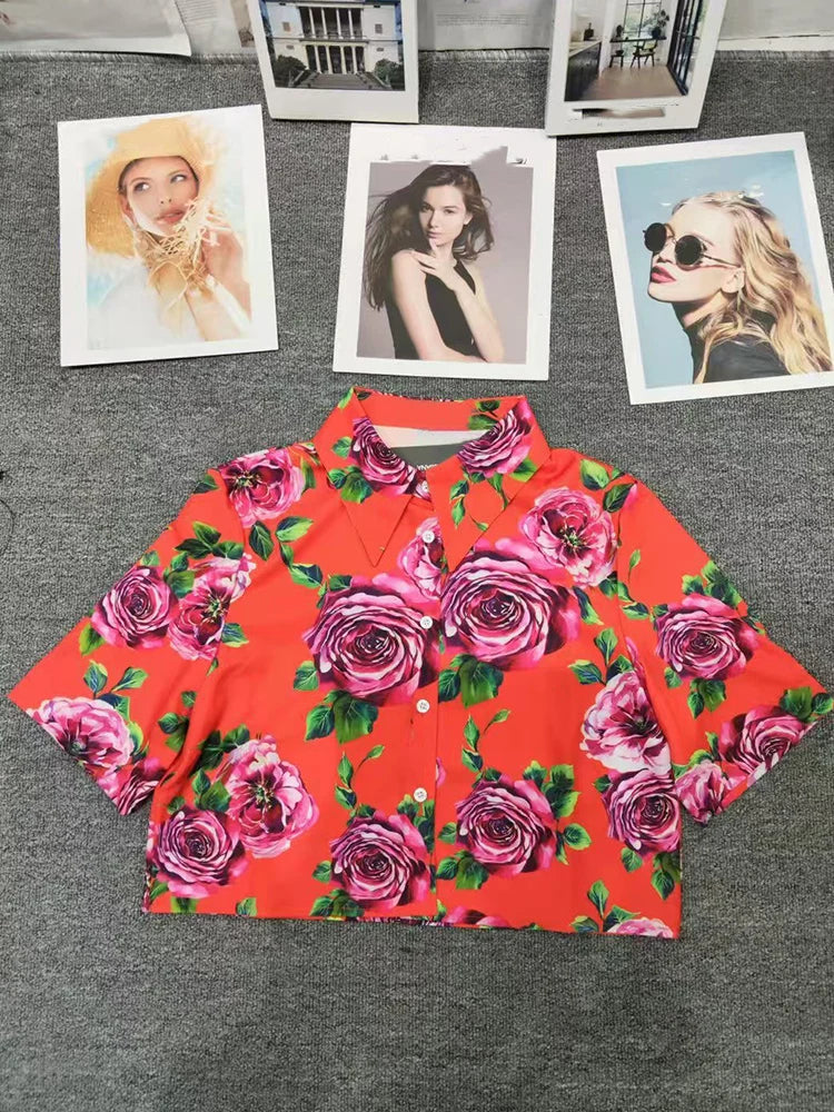Retro Floral Two-Piece print single-breasted short-sleeved Joker Set