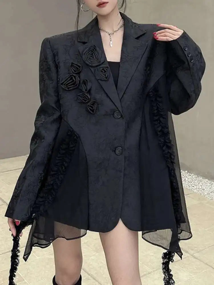 Women’s Black Plus Size Chiffon Spliced 3D Flower Lapel Blazer