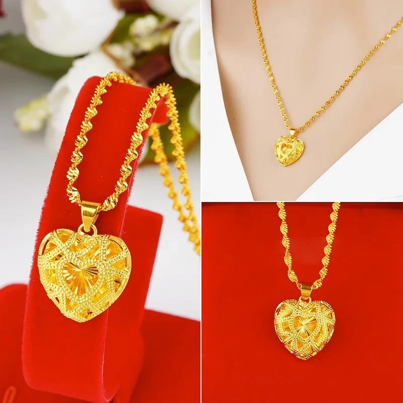 24K Gold Butterfly Heart-Shaped Pure AU999 Necklace