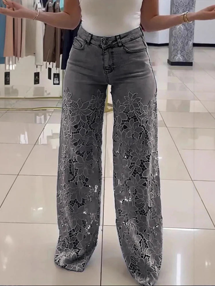 Plus Size Lace Spliced Elegant Denim Jeans New 2025