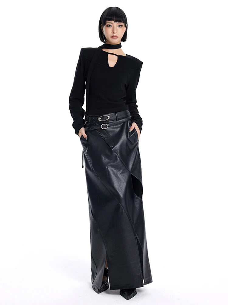 High Waist Black PU Leather Hollow-Out Back Slit Elegant Pencil Skirt New 2025