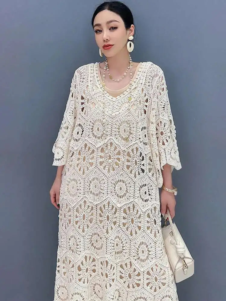 Women's Dress Hooked Flower Hollow Elegant Fashion Loose Beautiful Long Dresses 2025