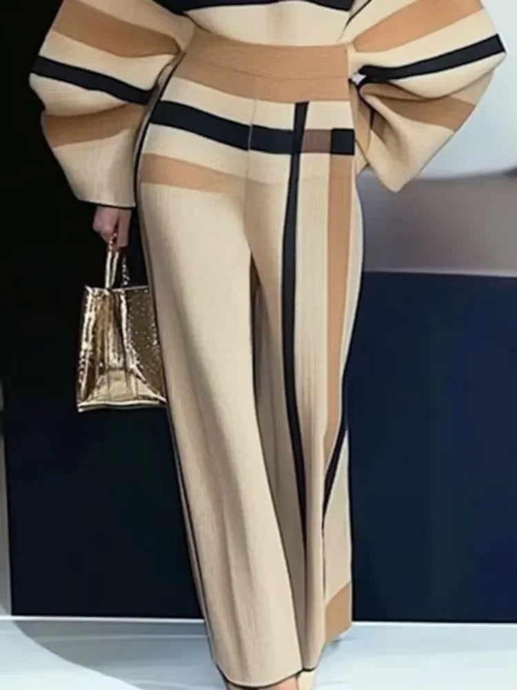 2 Piece Sets Women Outfit Pant Sets 2025 New Round-Neck Pullovers Khaki Sweater Striped Tops & Bottoms