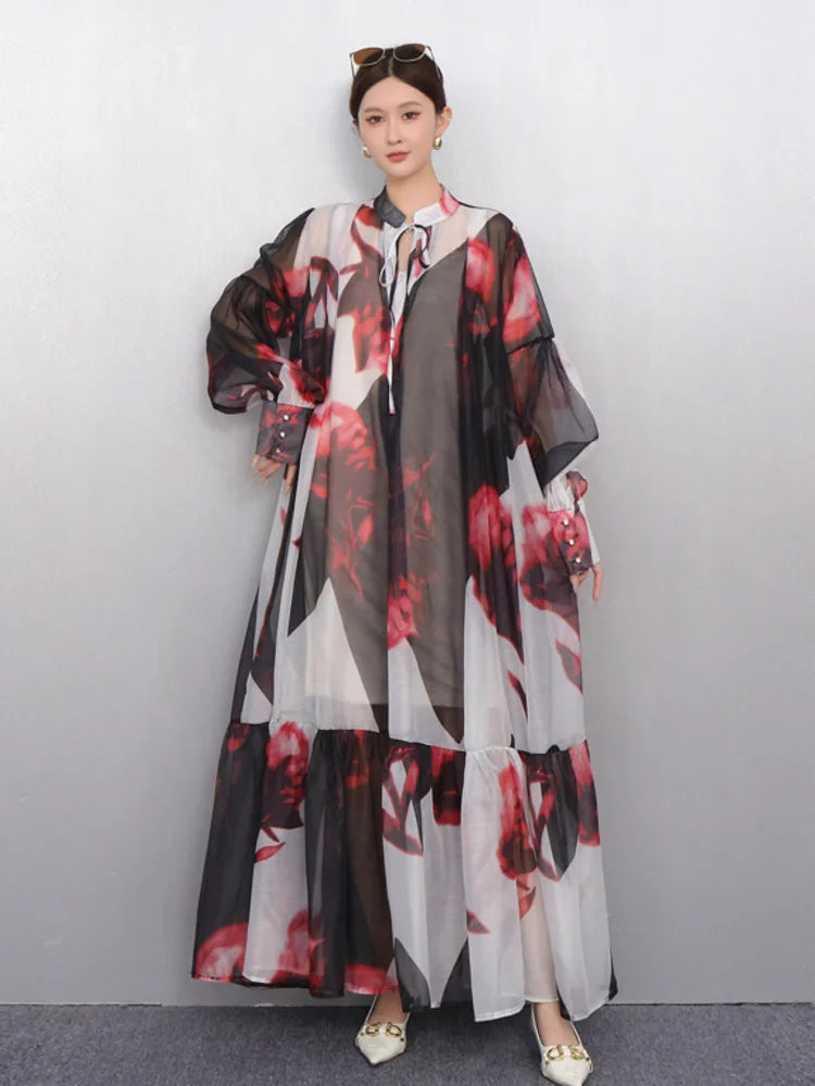 2025 Summer New O Neck Long Sleeve Loose Mid Long Styles Girdling Waist Dress Women