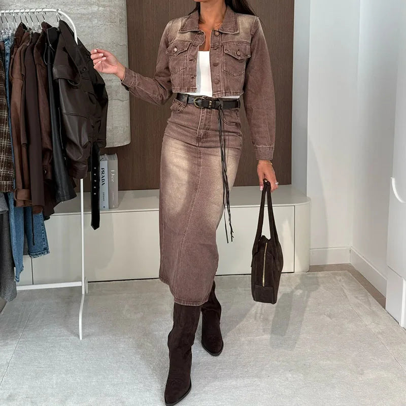 Women's Casual Long Sleeve Denim 2-Piece Suit Set