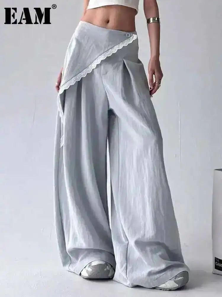 Blue Lace Spliced False 2-Piece High Waist Wide Leg Pants 2025