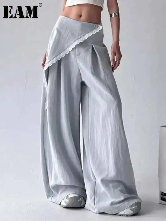 Blue Lace Spliced False 2-Piece High Waist Wide Leg Pants 2025