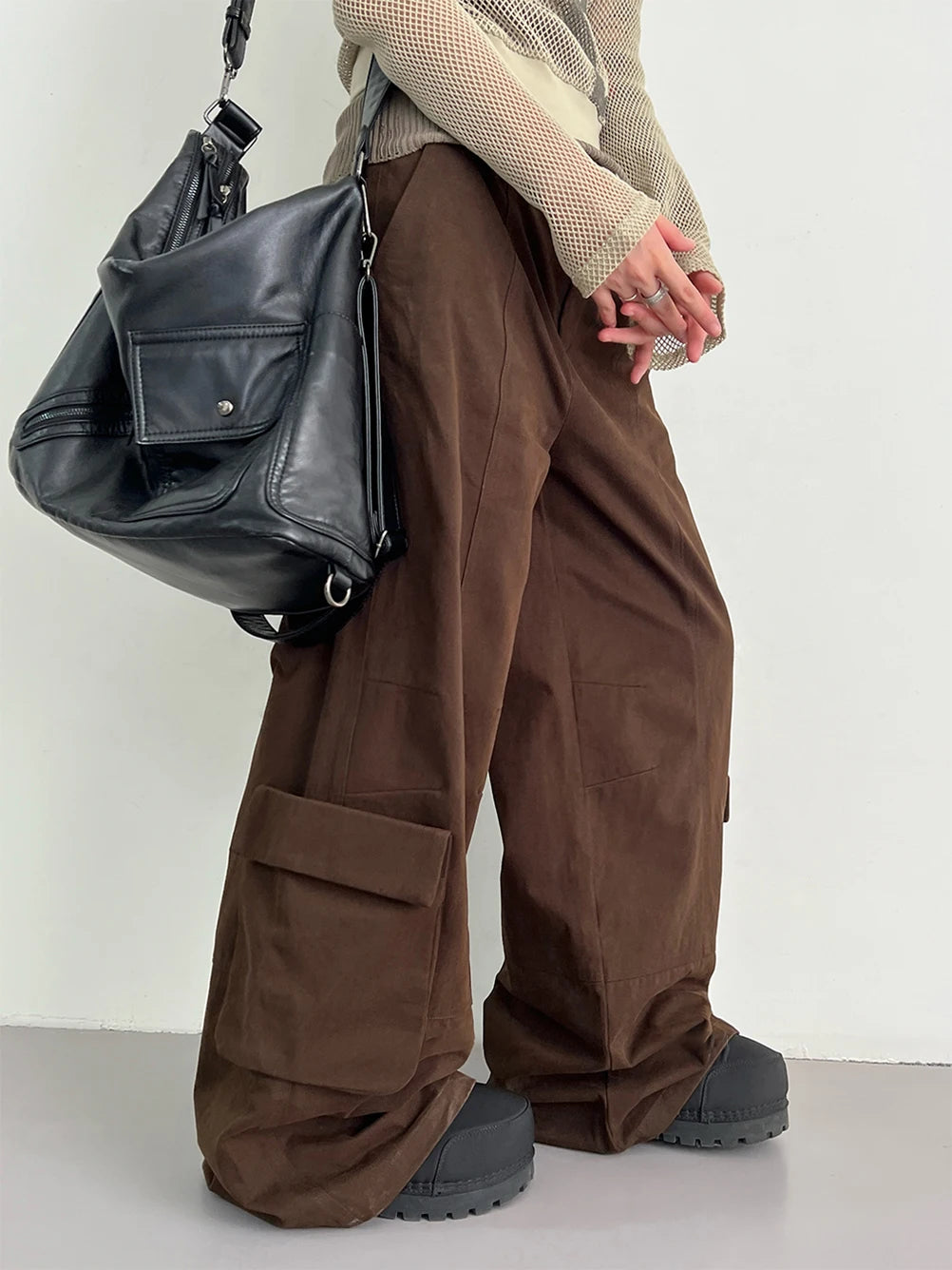 Caramel High-Waisted Wide Leg Cargo Pants for Women