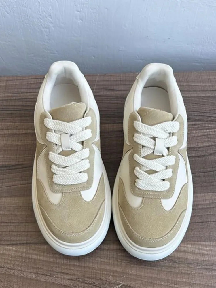 Youth Trend Solid Color Round Toe Platform Unisex Sneakers Handmade Genuine Leather Casual Shoes