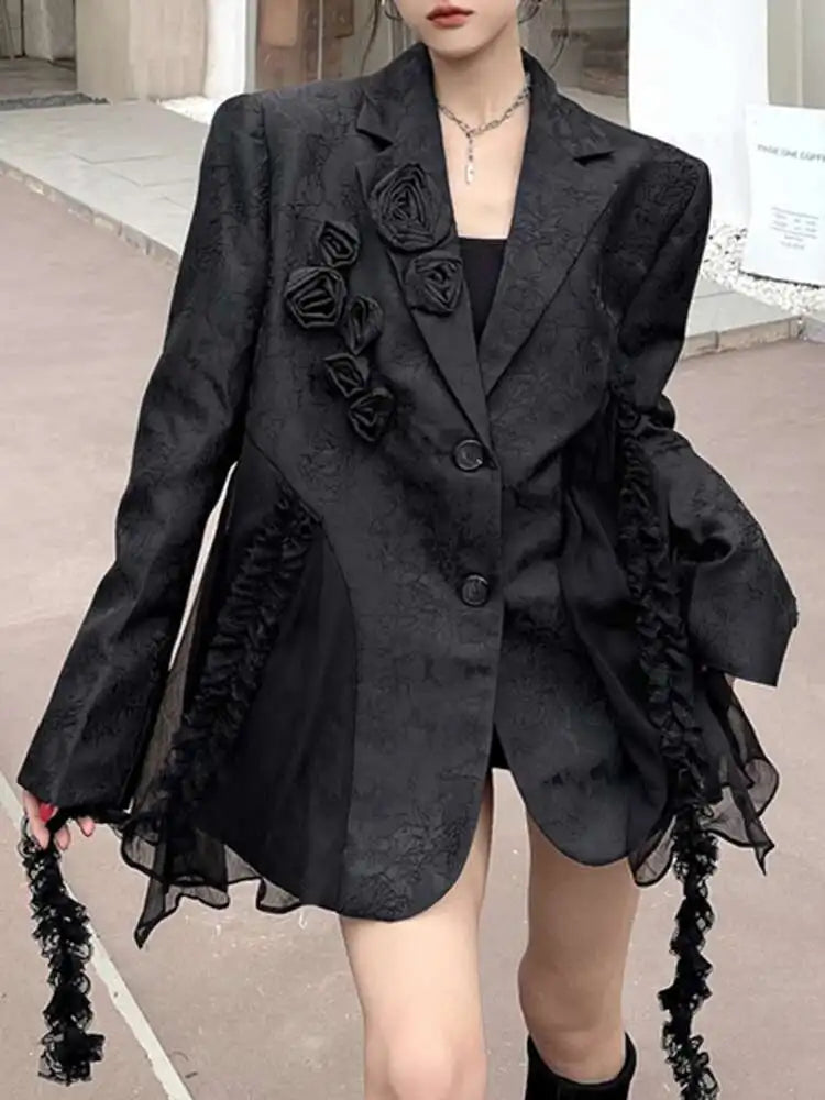 Women’s Black Plus Size Chiffon Spliced 3D Flower Lapel Blazer