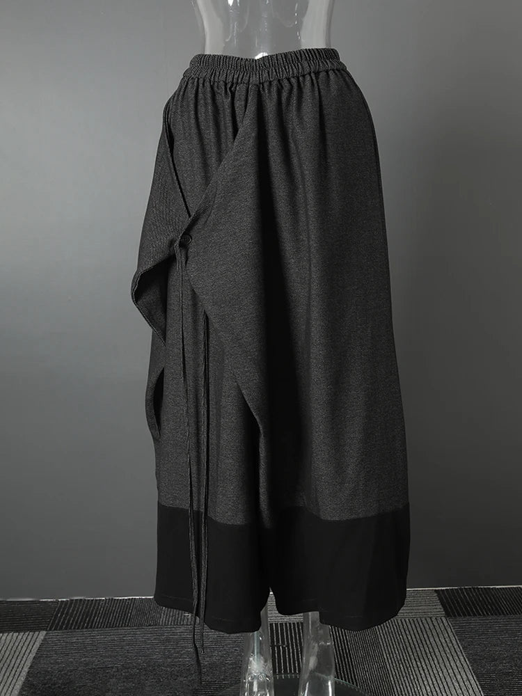 High Elastic Waist Dark Gray Irregular Bandage Wide Leg Pants Autumn 2025