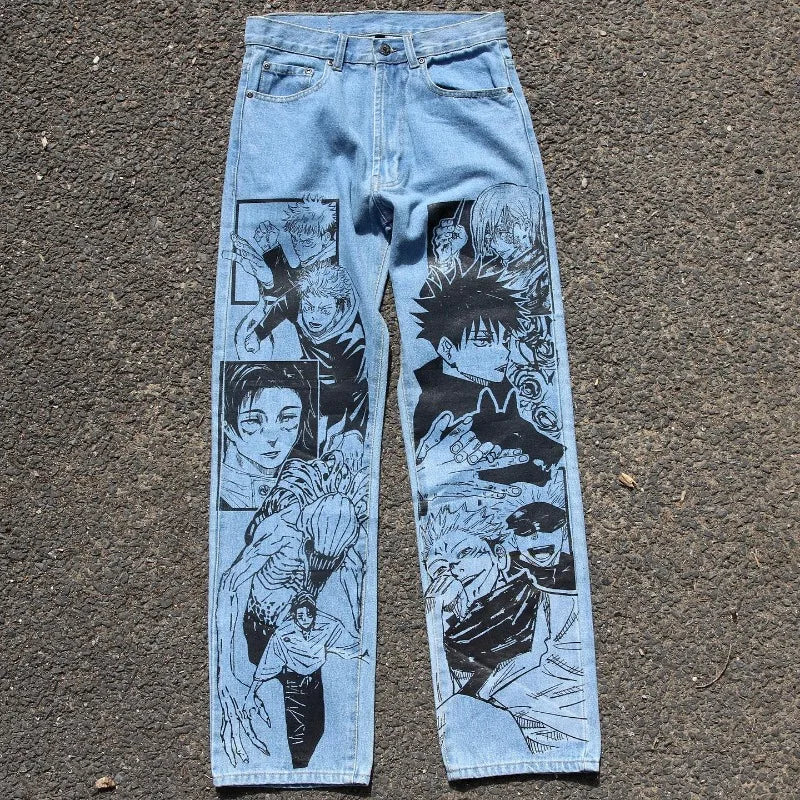 Y2K Anime Baggy Denim Pants Trend Hand Drawn Printed Pattern Unisex Jeans