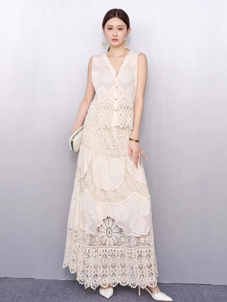 New Elegant V-Neck Lace Embroidery Single Shirt and Skirt Summer Outfit Set