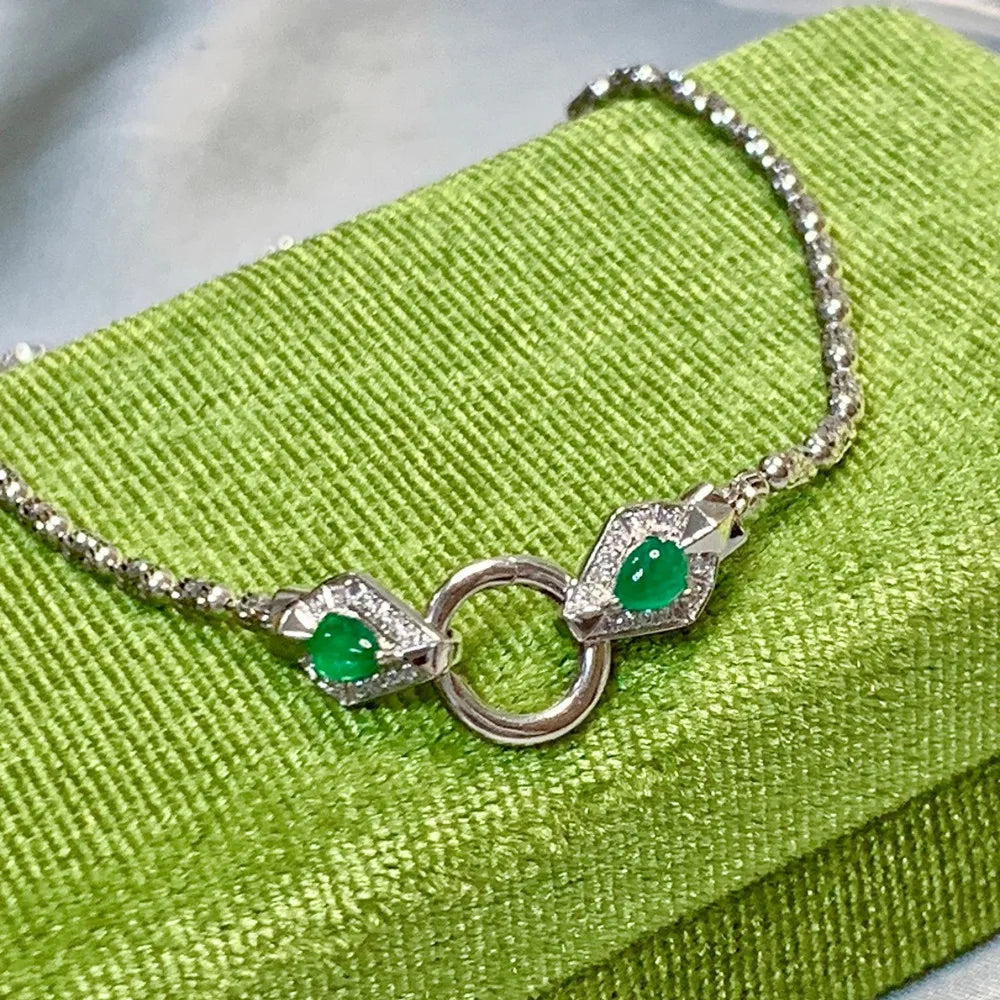 Shelly Real 18K White Gold Snake Necklace w/ Diamonds & Emeralds | AU750