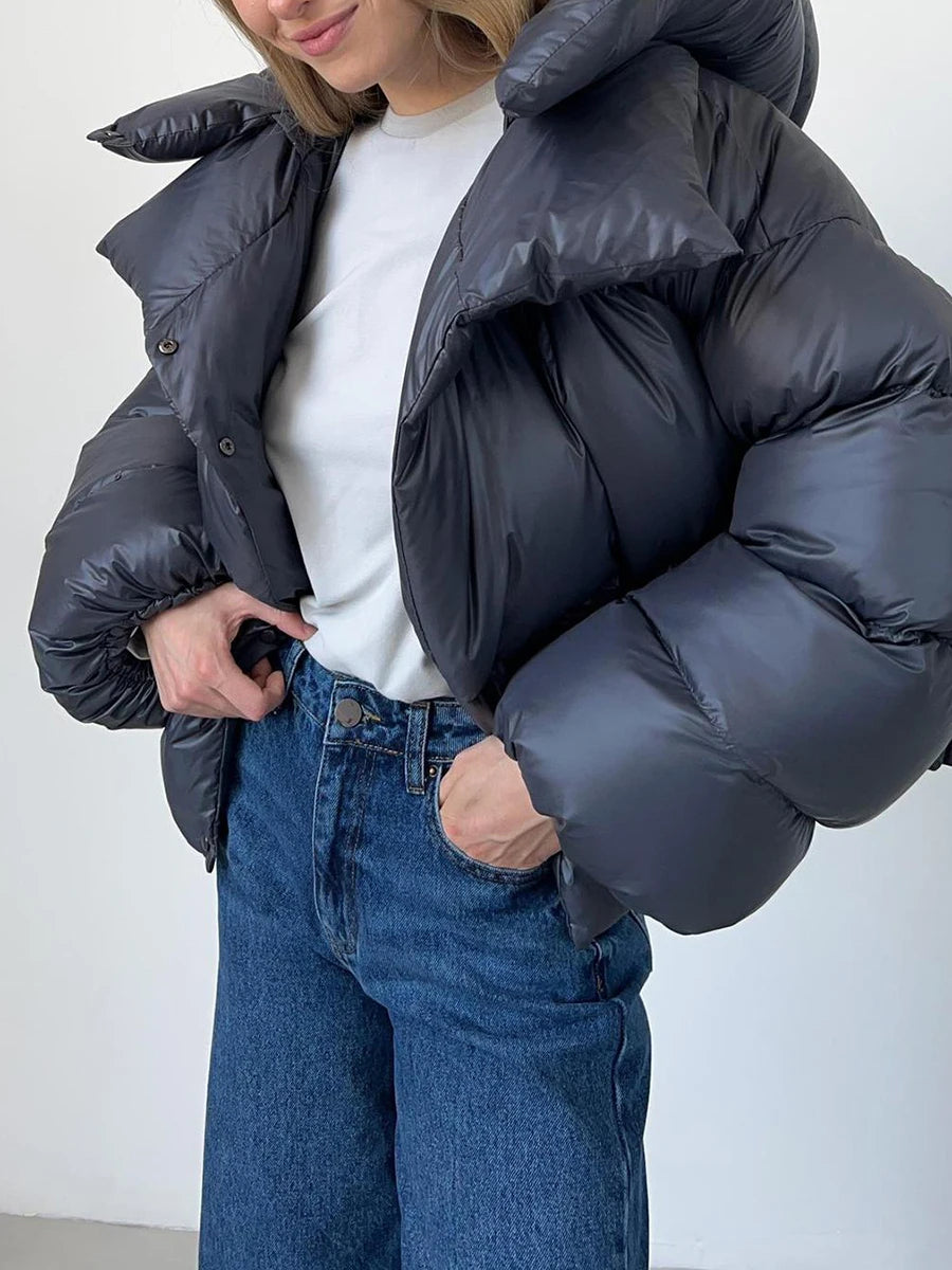 Gray Oversized Short Hooded Puffer Coat  Parka for Autumn Winter 2025