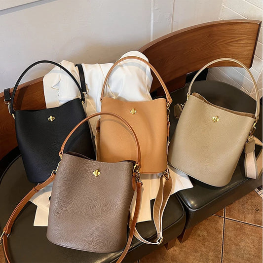 2025 New Women's Bucket Bag Simple Leather Handbag