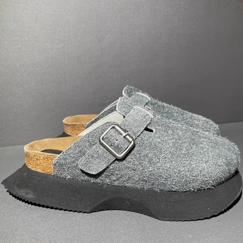 Vintage Cow Suede Outside Genuine Leather Platform Sandal Men Casual Harajuku Sandals