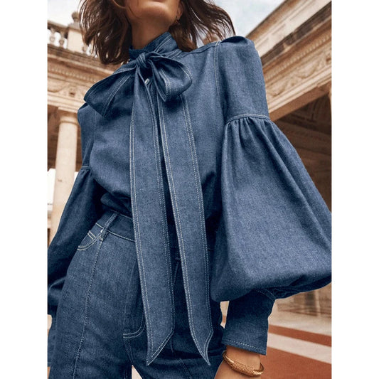 New Trendy Imitation Denim Blouse Puff Sleeves & Bow Neck for Women