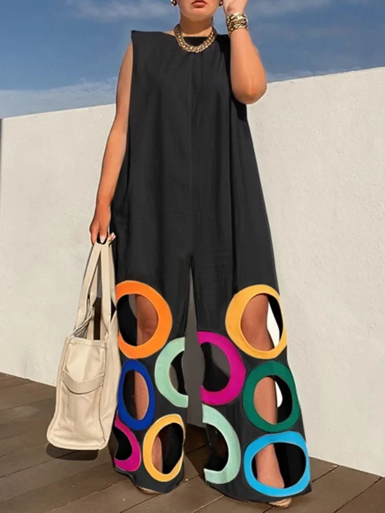 Women's Summer Colorful Circle Cutouts Hollow Out Jumpsuits Casual Elegant Jump Suits 2025