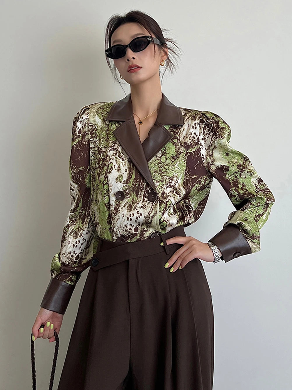Women's Vintage PU Leather Spliced Blouse Autumn 2025 Fashion