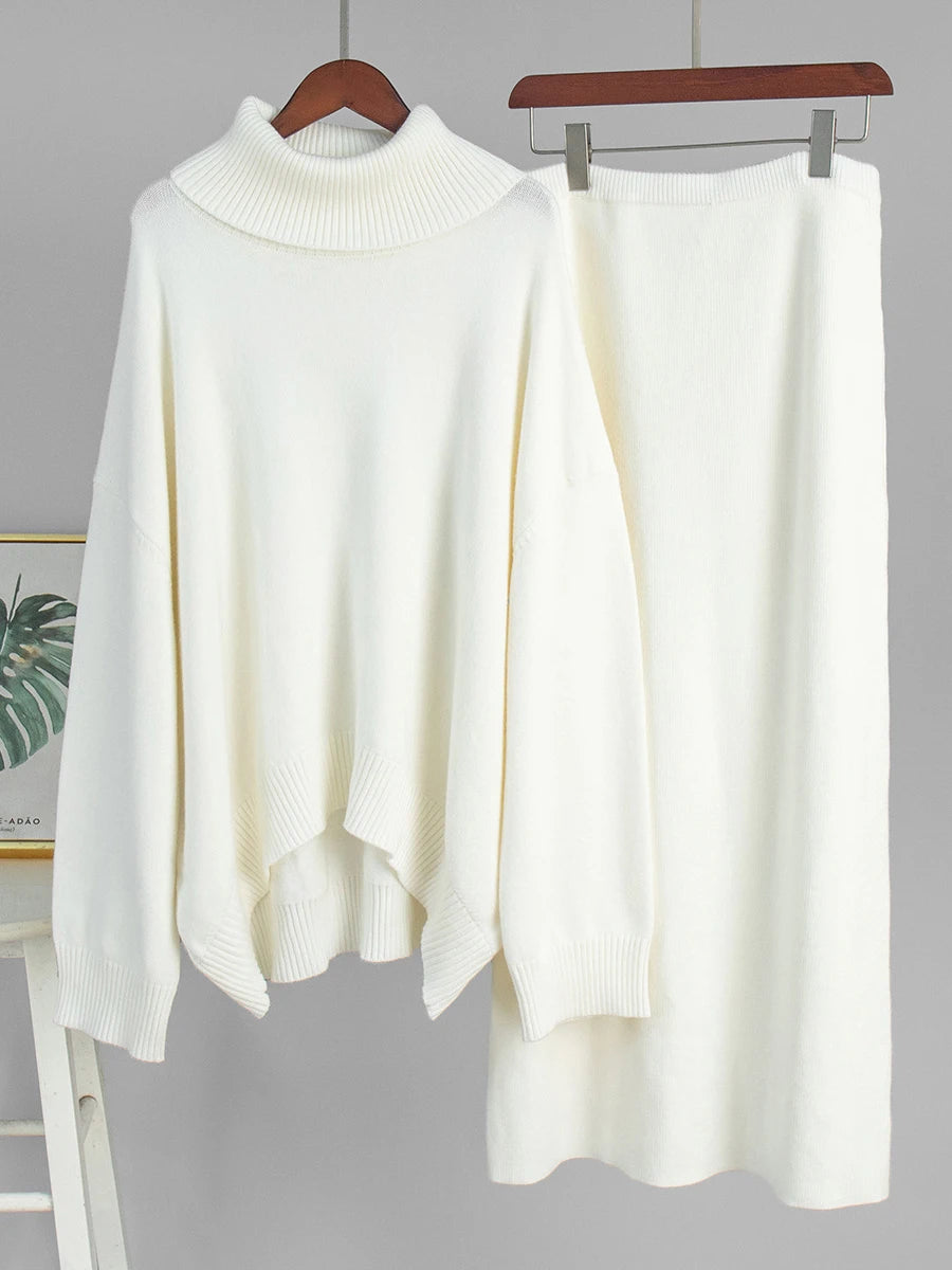 Blue Knit 2-Piece Set – Turtleneck Long Sleeve Sweater & Ankle-Length Skirt for Women