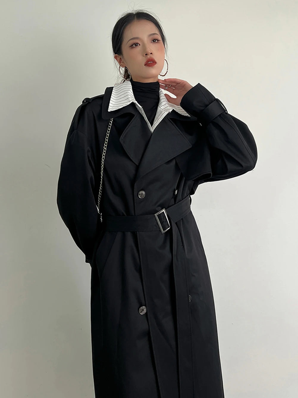 Women's Black Plus Size Long Trench Coat Autumn 2025