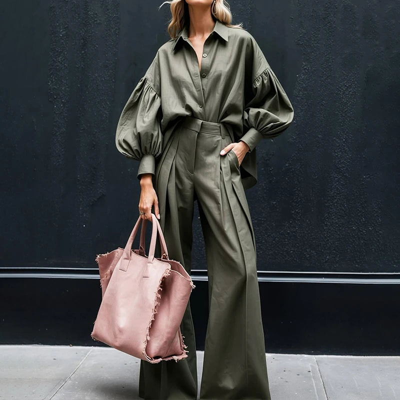 Elegant Lapel Lantern Sleeve 2-Piece Suit Set