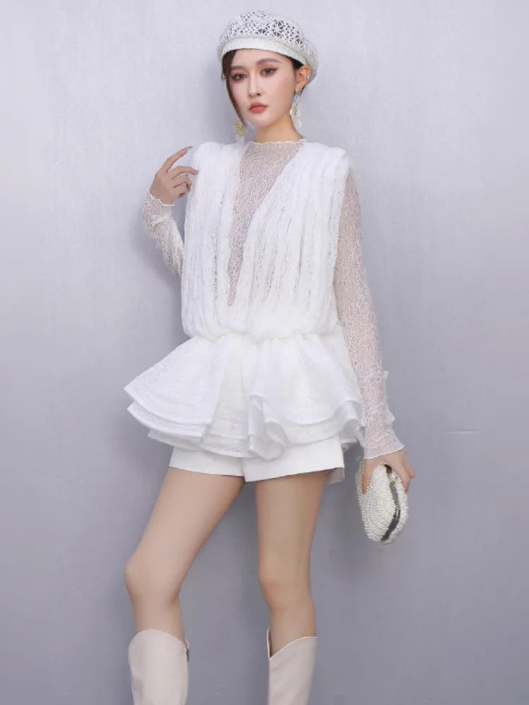 2025 Autumn New Women's Set Loose 3D Lace Hem Top Two Piece Fashion Elegant